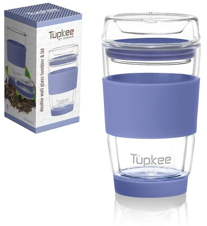 Tupkee Double Wall Glass Tumbler - 8-Ounce, All Glass Hand Blown Reusable Insulated Tea/Coffee Mug & Lid, Travel Mug - Jacaranda