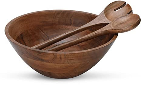 Folkulture Wooden Salad Bowl Set with Servers, 12 D x 5 H, Large Serving Bowls or Wooden Bowls for Food, Large Bowl, Round Mixing Bowl, Acacia Wood, (Natural)
