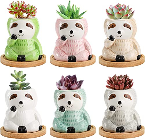 Okllen 6er Pack Faultier Pflanzgefäß mit Bambustablett, Keramik Kleine Sukkulente Pflanzgefäß Niedliche Tier Pflanzgefäße Töpfe Geschenke für Luftpflanze, Pflanzenliebhaber, Indoor Outdoor, 6 Farben