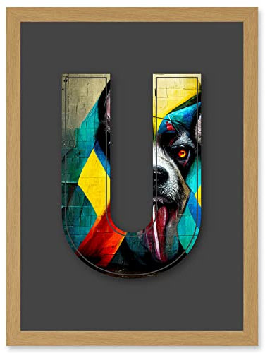 Wee Blue Coo Letter U Dog Tongue Multicoloured Decorative Graffiti Mural Alphabet Initial Stencil Artwork Framed Wall Art Print A4