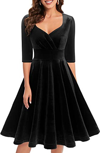 Bbonlinedress Schwarzes Kleid Damen Samtkleid elegant Knielang V-Ausschnitt Langarm Winterkleider Festliche Kleider Party Cocktailkleid Black 2XL