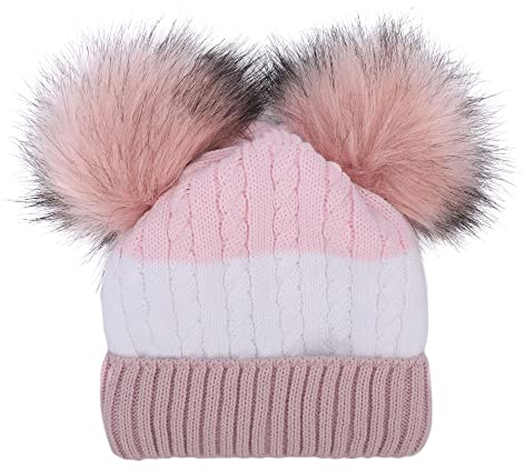 Ever Bloom Kinder Mädchen Bommelmütze Strickmütze mit 2 Kunstfell Bommel, Warme Wintermütze mit Thermo Fleece Innenfutter, Mütze Farben:Rosa Weiß