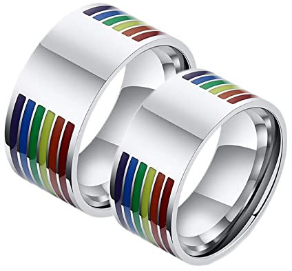 Hoisy Verlobungsringe, Eheringe Vintage Silberner LGBT-Ring mit Regenbogen-Emaille 10MM Größe Frauen 62 (19.7) und Männer 62 (19.7)