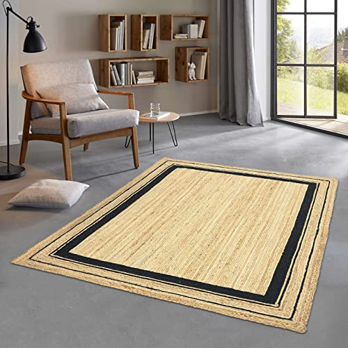 Taracarpet Jute Teppich Sisal Optik mit Bordüre Kurzflor Boho modern für Wohnzimmer Schlafzimmer nachhaltig Natur-Teppich schwarz 080x150 cm