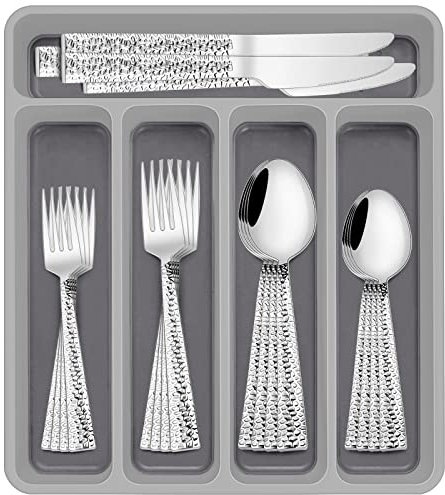 40-Piece Hammered Silverware Set with Organizer, Stainless Steel Square Flatware Set for 8, Food-Grade Tableware Cutlery Set, Utensil Sets for Home Restaurant, Mirror Finish, Dishwasher Safe