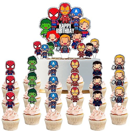 COSORO 25Pcs Superhero Iron Man Captain America Spiderman Cake Toppers,Avengers Birthday Toppers,Boys Super Hero Decorations Cupcake Toppers for Boys,Kids Marvel Party Supplies