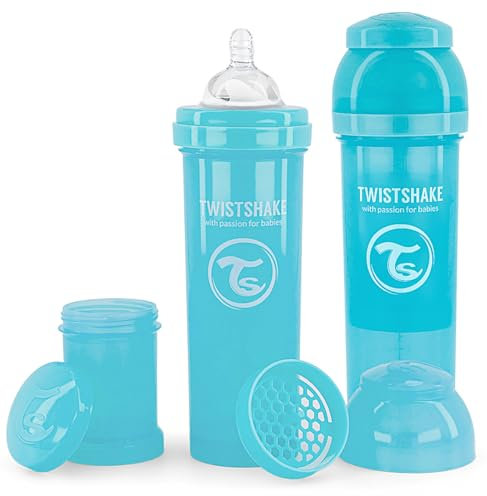Twistshake Biberon Anti-Colique Avec Récipient Pour Lait En Poudre Et Mélangeur - 2x 330ml | Tétine En Silicone À Écoulement Rapide | Biberon Sans BPA | 4+ Mois | Bleu