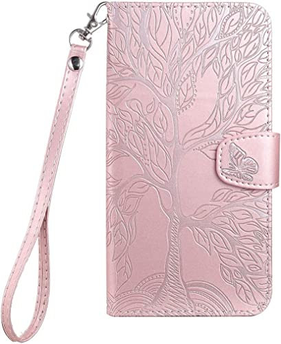 Tiyoo Flip Phone Case for iPhone 7/8/SE, Shockproof Leather Wallet Case with The Tree of Life Pattern, Protective Phone Cover with Card Holder and Magnetic Closure, Premium Phone Cover, Pink
