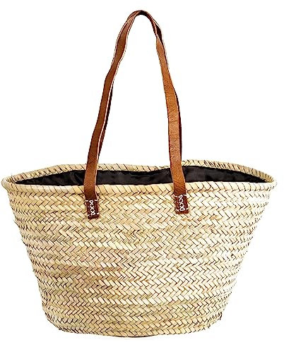 Cesta bolso bandolero de playa, capazo de palma con asas de piel bolsa de fibras naturales con asas largas