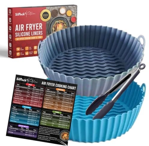 Silreck Silicone Air Fryer Liner Reusable Air Fryer Liners I Air Fryer Accessories Pack 2 Air Fryer Liners Replacement for Disposable Parchment Paper Liner with Cooking Chart and Tong (Grey+Blue)