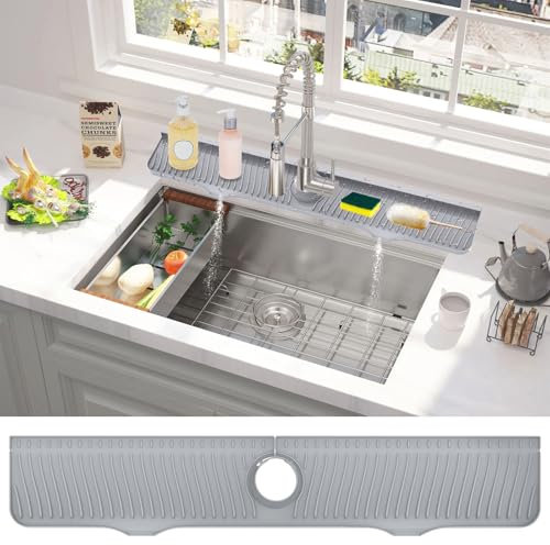 32 inch Sink Splash Guard, 32”x 5.5” Faucet Mat, Silicone Faucet Drainer Pad, Water Drip Catcher Mat for Kitchen, Bathroom, Laundry Room, Farmhouse, Bar & RV Grey