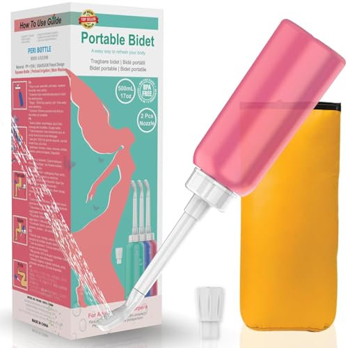 Bidet portable avec 2 buses + tube évolutif – Bidet de voyage de 500 ml – Bouteille de lavage périnéal pour soins post-partum – Bidet personnel portable de 500 ml – Lavage intime pour femme