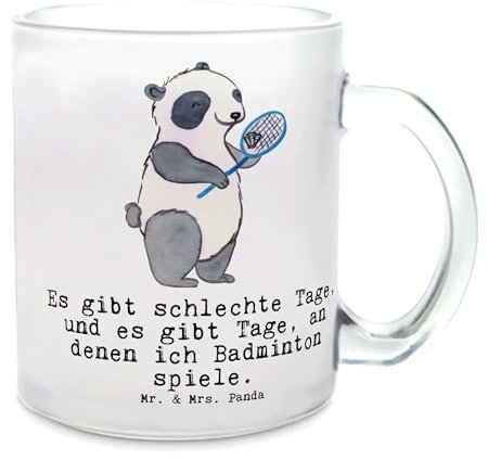 Mr. & Mrs. Panda Teetasse Panda Badminton - Geschenk, Glas Teetasse, Teeglas, Tasse mit Henkel, Danke, Sportart, Sport, Teebecher, Badminton Spielen