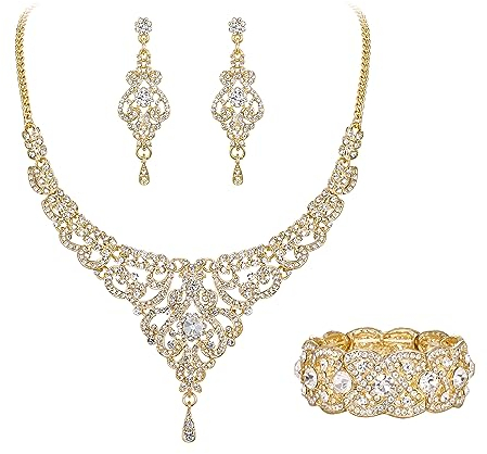 EVER FAITH Statment Schmuck-Set Kristall Retro 1920er Vase Art Deco Braut Prom Halskette, Ohrringe und Stretch Armband Set für Damen Hochzeit Party Klar Gold-Ton