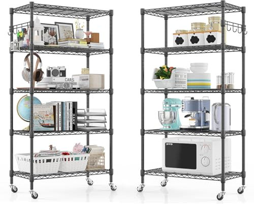 Himimi 2pcs 5-Tier Wire Shelving Unit 350kg Capacity Adjustable Storage Shelves Heavy Duty Storage Rack with Wheels Metal Shelf for Closet Kitchen Garage Basement Black
