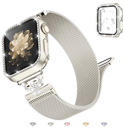 UpNeioco Metall Armband Kompatibel Mit Apple Watch 38mm-45mm, Diamant Glitzer Displayschutz Hülle, Magnetisch Edelstahl Armband Damen für iWatch 9 8 7 6 5 4 3 2 1