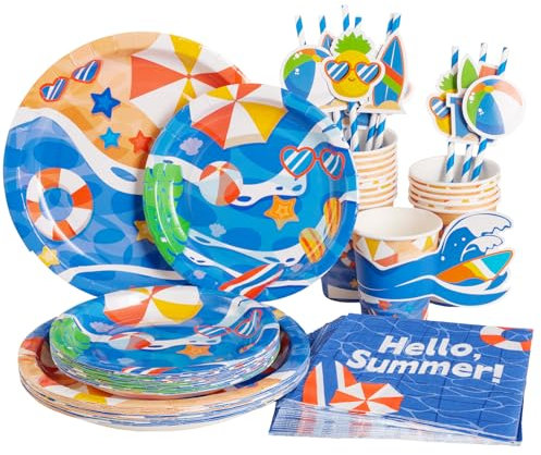 SUNBEAUTY Sommer Partyteller Partygeschirr Strand-Pool Partyzubehör einschließlich Papier Teller Pappbecher Servietten Strohhalme für Hawaii Geburtstag Babyshower Deko