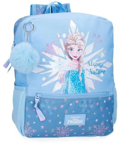 Disney Joumma Bags La Reine des Neiges Sac à dos pour enfant, bleu, fabriqué en polyester, bretelles réglables pour un transport confortable, plusieurs compartiments, avec porte-clés pompon bleu,