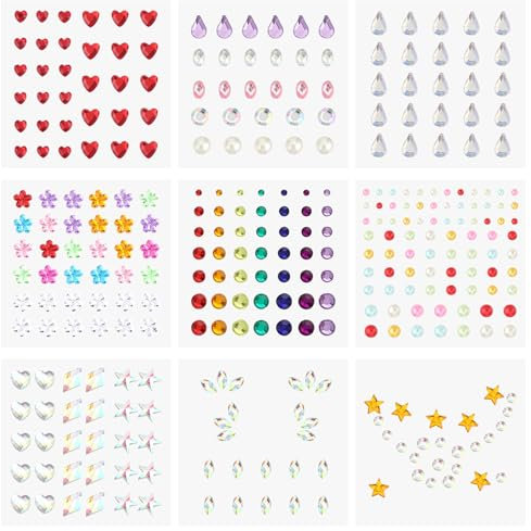 GEEHUA 9 Sheets Self Adhesive Face Gems Stickers, Face Glitter Colorful Jewels Rhinestones For Makeup Hair Gems Hearts Star Stickers For Face Eye Makeup Nail Body Crafts