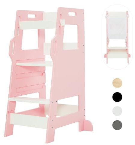 FUNLIO Torre per Bambini con Rete di Sicurezza, Sgabello da Cucina per Bambini, Seggiolino Regolabile in 3 Livelli, Torre Montessori per Bambini, Facile da Montare, Approvato CPC - Rosa