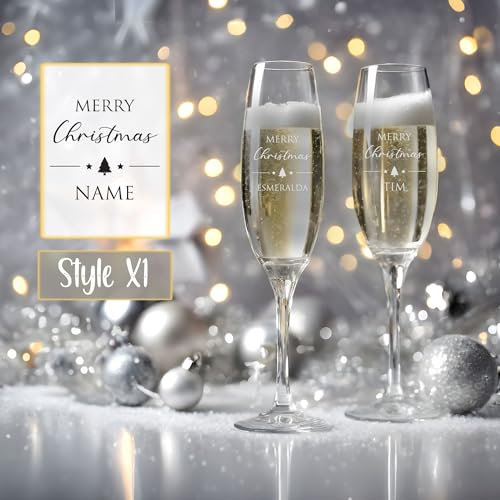 So Bespoke Personalised Champagne Glass Prosecco Flute Engraved Christmas Glass Festive Gift Idea for Her at Xmas (Style X1)