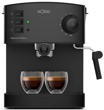Solac - Cafetera Espresso Manual 850W | Presión 20 Bares | Máquina Doble Salida para 2 Cafés | Bandeja Calienta Tazas | Vaporizador Acero Inoxidable | Apagado Automático | Taste Slim M80