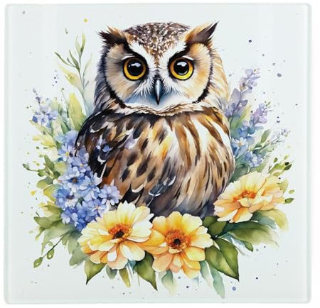Floral Owl Large Square Glass Worktop Protector - Willows Animals & Flowers Wildlife Gifts - Smooth Kitchen Chopping/Cutting Board Worktop Saver with Non-Slip Feet 30cm x 30cm (12 x 12)