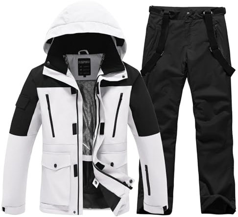 ALSOGO Skianzüge Für Herren 2-teiliger Snowboard Sets Wasserdicht Winddicht Winter Warme Ski Jacke und Hosen Set Zum Skifahren Snowboarden Klettern HeiBai+Schwarz XL