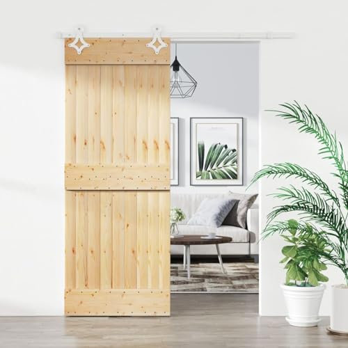 Gecheer Set Porta,Scorrevole,del Granaio,con Kit Binario,Se Hardware,Ferramenta,in Legno di Pino,Naturale e Bianco,B,80x210 cm,Binario 200 cm,Porta del Granaio Sorrevole con Kit Binario