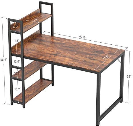 CubiCubi Computer Desk 140x60x117 cm Study Writing Table, with 4 Tier Storage Shelves on Left or Right, with Bookshelf for Home Office, Modern Simple Style, Steel Frame, Rustic Brown