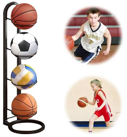 JOAASU Ball Storage Rack, 4 Tier Removable Metal Football Stand, Vertical Basketball Organizer Rack, Football Display Stand, Multifunctional Iron Ball Storage Shelf for Basketball Football Volleyball