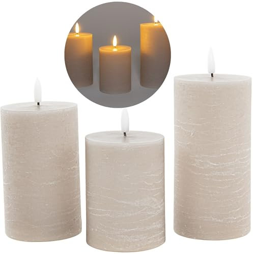 3er Set Led Kerzen 7,5cm ø Kerze flackernde Flamme mit Fernbedingung GRAU TAUPE 15 cm + 12,5 cm + 10 cm Höhe, LED Kerzen mit Timerfunktion, 3 AAA Batterien nötig, LED Echtwachs Stumpenkerzen warmweiß