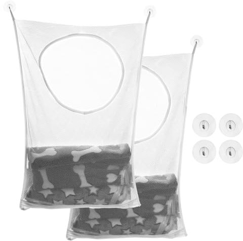2 Stück Wäschesack zum Aufhängen, Wäschesäcke, Platzsparend Wäschebeutel Schmutzwäsche, Wäschekorb Hängend mit Edelstahl Türhaken, für Wandschränke, Türen, Wände, Weiß
