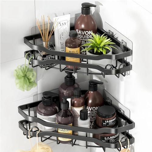 TRAYINDALY Corner Shower Caddy, Bathroom Shelf No Drill with 4 Hooks, Shower Shelf Wall Mounted 2 pack, Black Adhesive Bathroom Storage Organiser for Kitchen