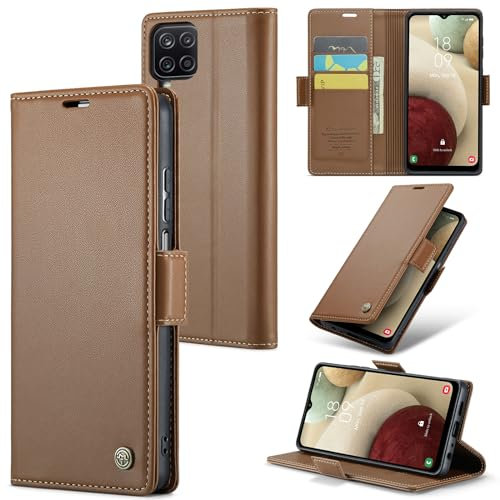 Rerzoiro Coque pour Samsung Galaxy A12 5G, Étui Housse en RFID Protection Premium PU Cuir Portefeuille Rabat Case Magnétique Stand Antichoc, Étui Case pour Samsung Galaxy A12 5G, Marron