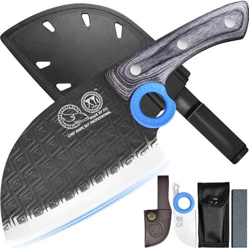 XYJ Authentic Since 1986,Couteau de boucher serbe avec étui,Couteau de cuisine de chef à légumes,Manche en bois avec étui,pour camping extérieur