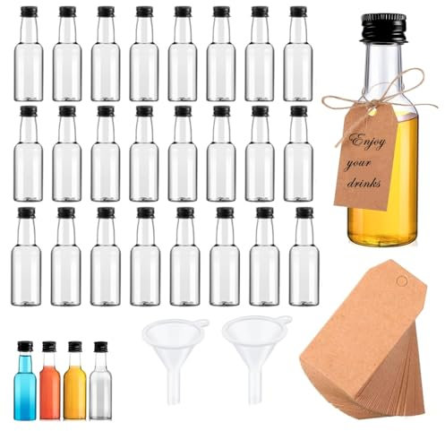 JOZMMZEOOA 24 Pezzi Mini Bottiglie Alcolici,50 ML Bottigliette Liquore Mignon Bottiglie Alcolici Riutilizzabile Mini Alcolici Vuote con 2 Imbuto Piccolo Tappo a Vite Nero,per Feste Matrimonio