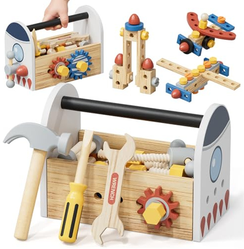 Wooden Montessori Kids Tool Set, Pretend Play Tool Box Toys for 4 Year Old Boy, Space Theme Educational Stem Construction Toys, Great 3 4 5 6 Year Old Boy Girl Gifts