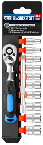 12-teiliger metrischer Steckschlüsselsatz mit 1/4-Zoll-Antrieb, 90-Zahn-Umschaltratschengriff, flache 6-Punkt-Stecknüsse (4–13 mm) und Verlängerungsstange 4 Zoll, CR-V-Stahl