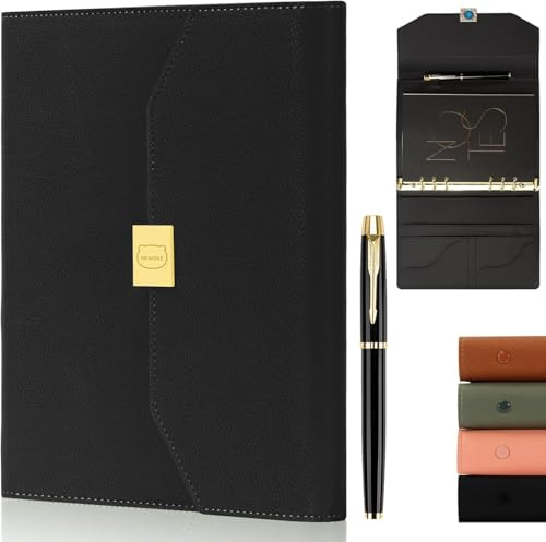 Carnet en Cuir A5,Fermeture Magnétique avec Stylo de Luxe,3 volets(black) | Carnet de Luxe, 6 Anneaux, Rechargeable,300 Pages avec Porte-Stylo, Pochette, Idéal pour L'écriture Quotidienne et le Travail