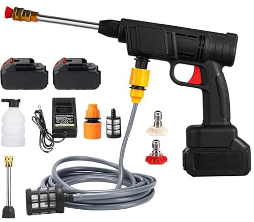 Qawner Pistolet à eau haute pression, 30 bar, nettoyeur haute pression avec 2 batteries de 6 000 mAh, chargeur et tuyau de 5 m, 435 PSI pour jardin et voiture
