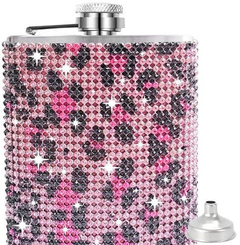 GGAUBAIFI Drinking Flask Glitter Hip Flask, Sparkle Whiskey Flask with Cap Bling Rhinestone Pocket Hip Flask 6 OZ for Woman, Leopard Print Pink