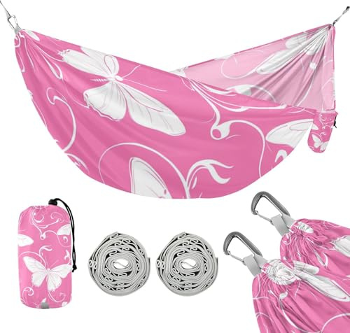 Hamaca de Algodon para Jardin avec silhouette de papillon Blanc Capacité de 150 kg avec corde suspendue Hamaca pour extérieur, terrasse, jardin, piscine