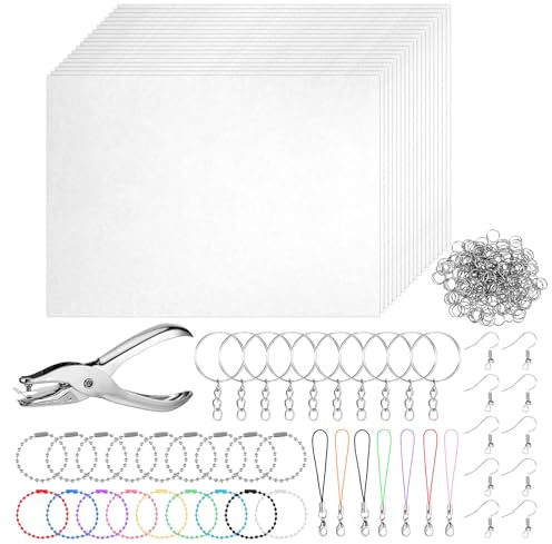 DONQTWAY 221 Stück Schrumpffolie Set 20 Schrumpfpapier A4 Transparent | Schrumpffolie Bedruckbar, Shrink Folie mit Schlüsselanhänger, Ohrringhaken, Kugelkette, Locher, Farbiges Schlüsselband