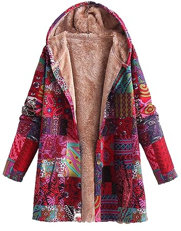 ANHATUIV Damenmäntel Damen Boho Bunter Mantel Flanell Gefüttert Warm Lange Mäntel Winterjacke Damen Langarm Warm Ethnisch Übergroß Linie Jacken Baggy Azteken Reißverschluss Kapuzenjacke, rose, 3XL