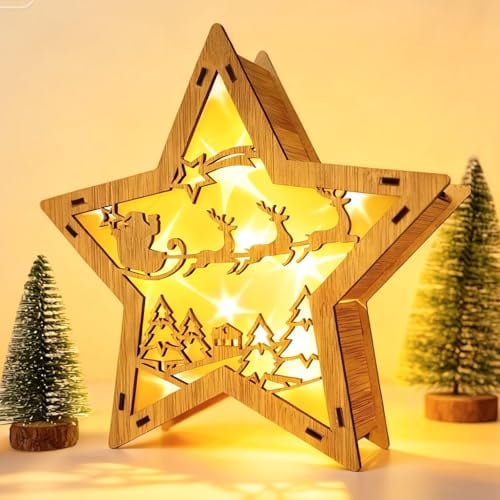 LED Weihnachtsstern Beleuchtet Weihnachtsdeko Holz Innen - Rentier - Warmweiße Beleuchtung - Weihnachten Advent Winter Holzstern Tisch Deko mit Weihnachtsbaum, Beleuchtung Batterie Betrieben