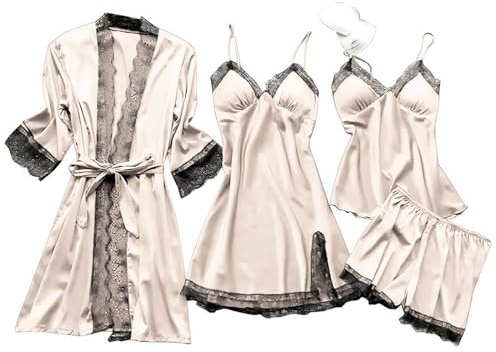 Uwdiohq Ensembles de Pyjama 4 Pièces Femme Satin Peignoir Vêtements de Nuit Dentelle Col V Débardeur et Shorts Robe et Kimono, Lingerie Sexy pour Femme