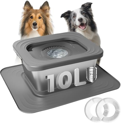 Umisu Gamelle d'eau pour Chien sans Déversement 10L, Gamelle en Acier Inoxydable Anti-Éclaboussure, Distributeur d'alimentation d'eau Lente avec Tapis Silicone pour Buveurs Désordonnés (Gris)