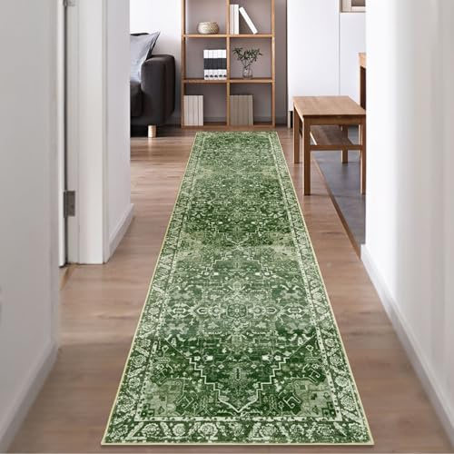 Famibay Extra langer Flurteppich von 60 x 300 cm, waschbar, rutschfest, für Flur, Vintage, Bohemian, Grün, Küchenteppich, Eingang, Treppen, Flur, Schlafzimmer