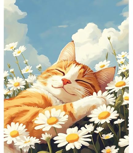 NEWENMO Mignon Chat Peinture par Numéro Kits,Blanches Marguerites Peinture Numero Adulte,DIY Paint by Numbers,Creation Adulte pour Débutants,Peinture à l'huile Kit,pour Décoration Maison-40x50cm